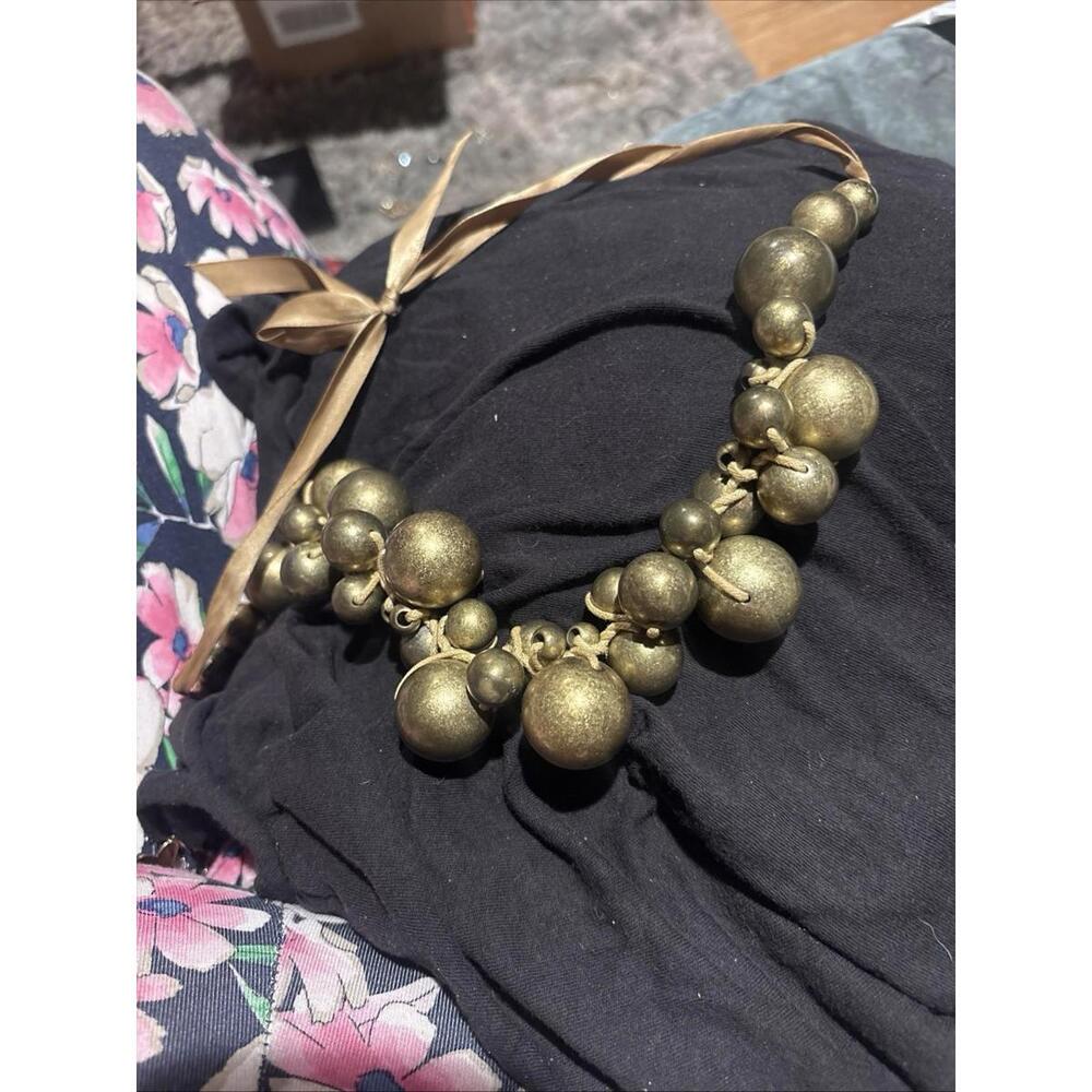 Unique Find : Bib Necklace Gold Balls Rolo Chain Pink Ribbon 18” Solid Weight